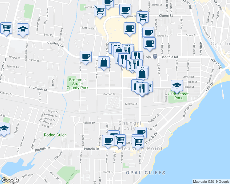 map of restaurants, bars, coffee shops, grocery stores, and more near 1371 38th Avenue in Santa Cruz