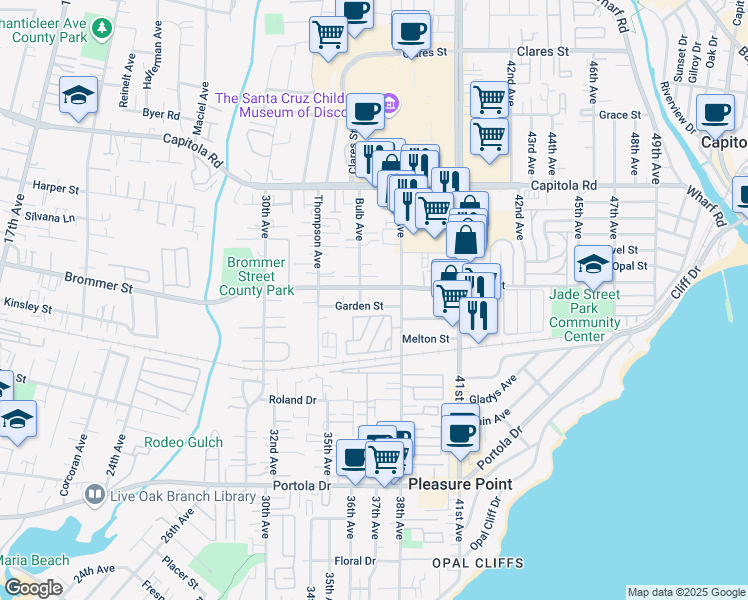 map of restaurants, bars, coffee shops, grocery stores, and more near 1371 38th Avenue in Santa Cruz