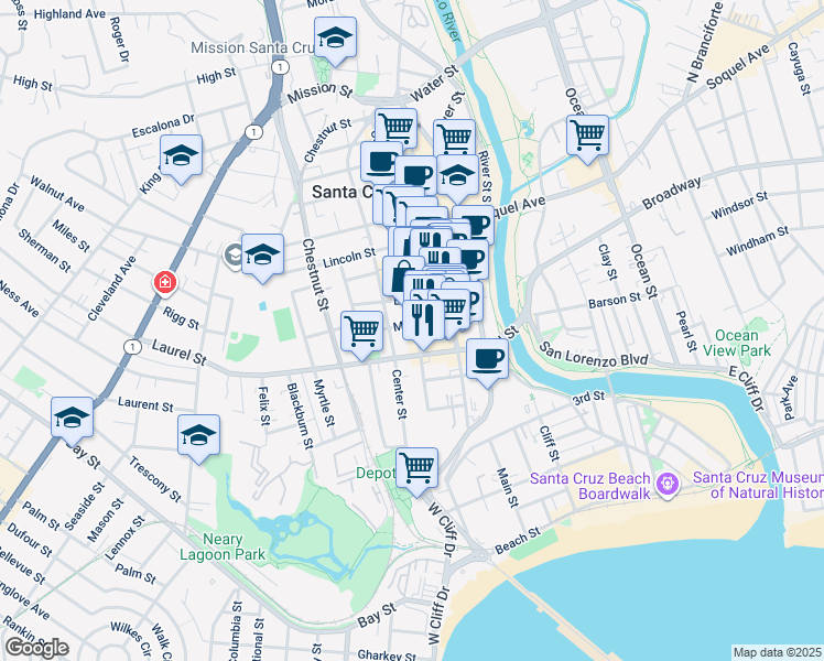 map of restaurants, bars, coffee shops, grocery stores, and more near 418A Cedar Street in Santa Cruz