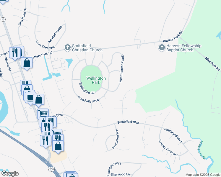 map of restaurants, bars, coffee shops, grocery stores, and more near 300 Grandville Arch in Smithfield