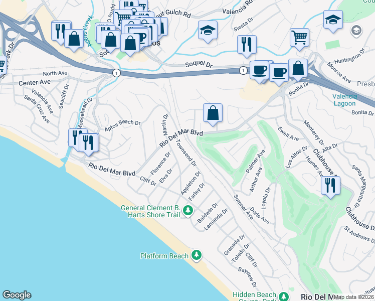 map of restaurants, bars, coffee shops, grocery stores, and more near 305 Sumner Avenue in Aptos