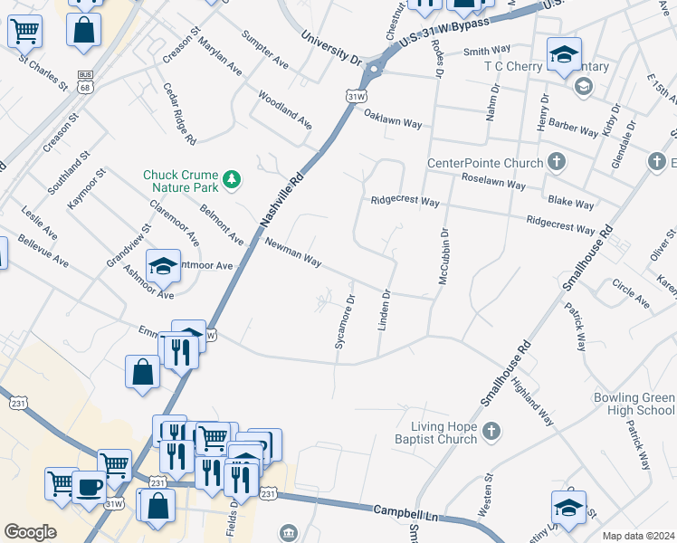 map of restaurants, bars, coffee shops, grocery stores, and more near 800 Newman Way in Bowling Green
