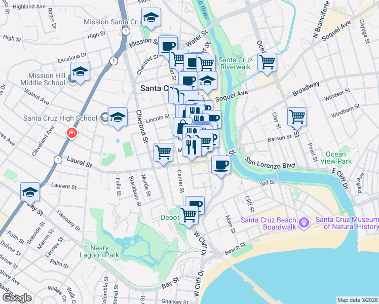 map of restaurants, bars, coffee shops, grocery stores, and more near 320 Cedar Street in Santa Cruz