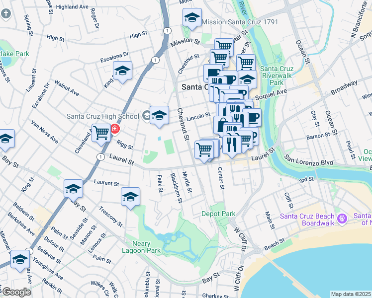 map of restaurants, bars, coffee shops, grocery stores, and more near 504 Maple Street in Santa Cruz