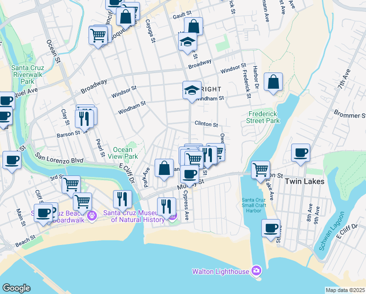 map of restaurants, bars, coffee shops, grocery stores, and more near 721 Seabright Avenue in Santa Cruz