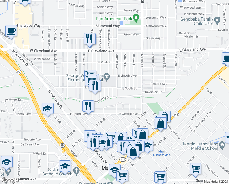 map of restaurants, bars, coffee shops, grocery stores, and more near 724 Austin Street in Madera