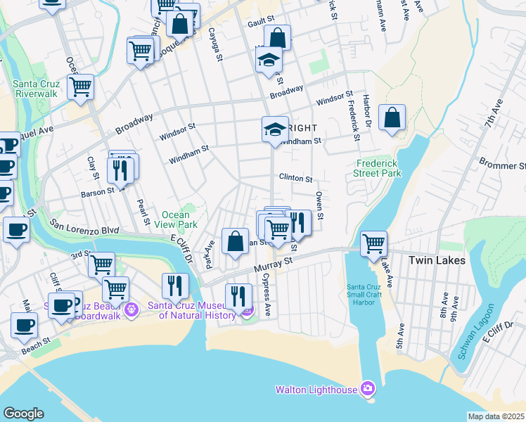 map of restaurants, bars, coffee shops, grocery stores, and more near 721 Seabright Avenue in Santa Cruz