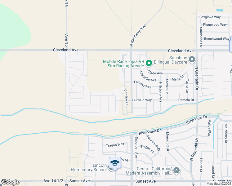 map of restaurants, bars, coffee shops, grocery stores, and more near 3449 Running Brook Street in Madera