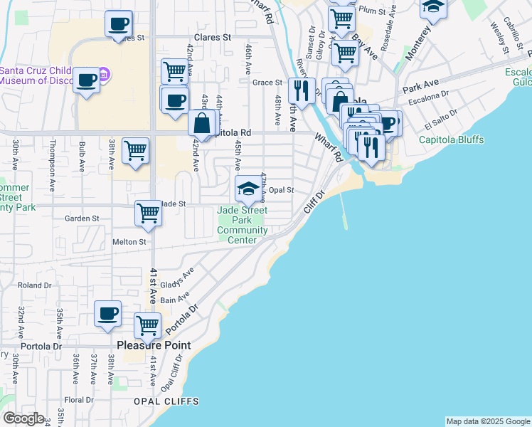 map of restaurants, bars, coffee shops, grocery stores, and more near 750 47th Avenue in Capitola
