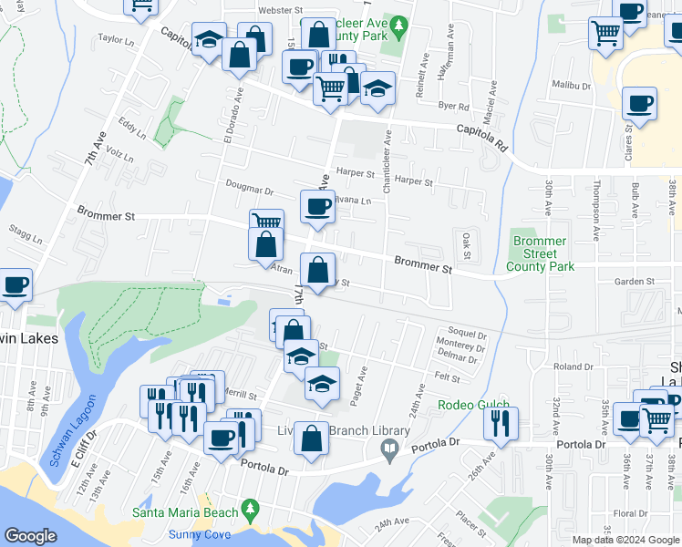 map of restaurants, bars, coffee shops, grocery stores, and more near 1900 Brommer Street in Santa Cruz