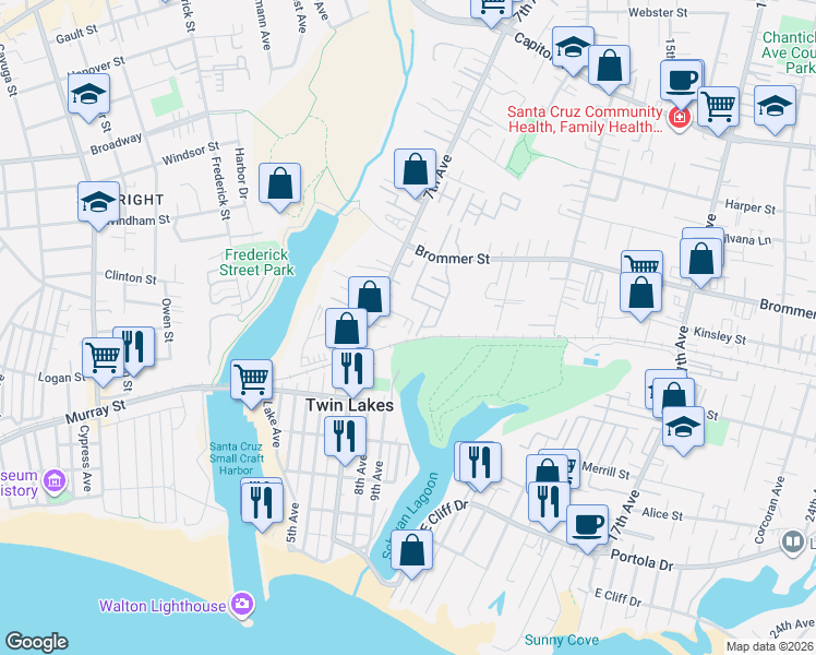 map of restaurants, bars, coffee shops, grocery stores, and more near 800 Brommer Street in Santa Cruz