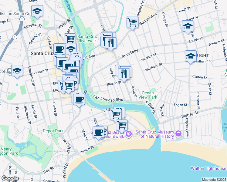 map of restaurants, bars, coffee shops, grocery stores, and more near 145 Canfield Avenue in Santa Cruz