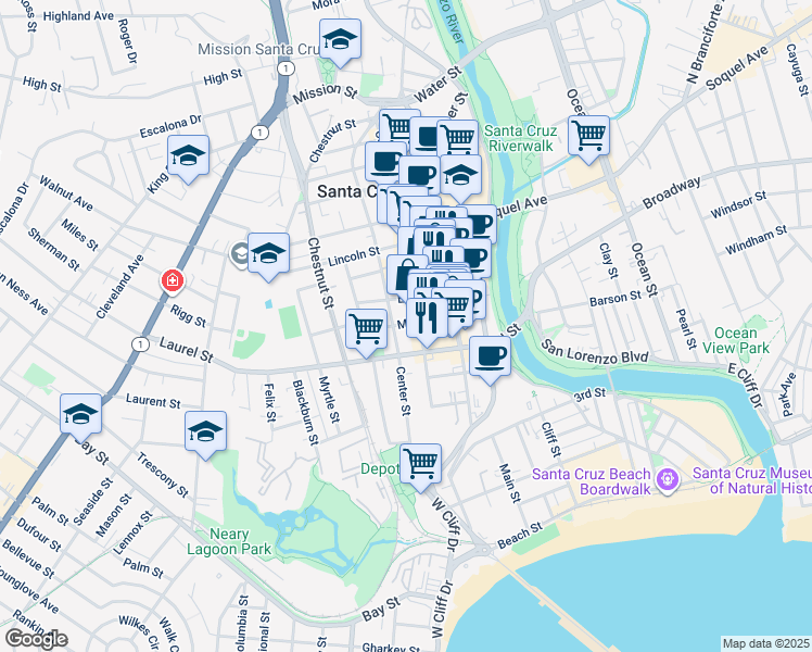 map of restaurants, bars, coffee shops, grocery stores, and more near 418A Cedar Street in Santa Cruz