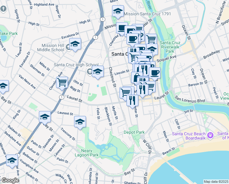 map of restaurants, bars, coffee shops, grocery stores, and more near 314 Chestnut Street in Santa Cruz
