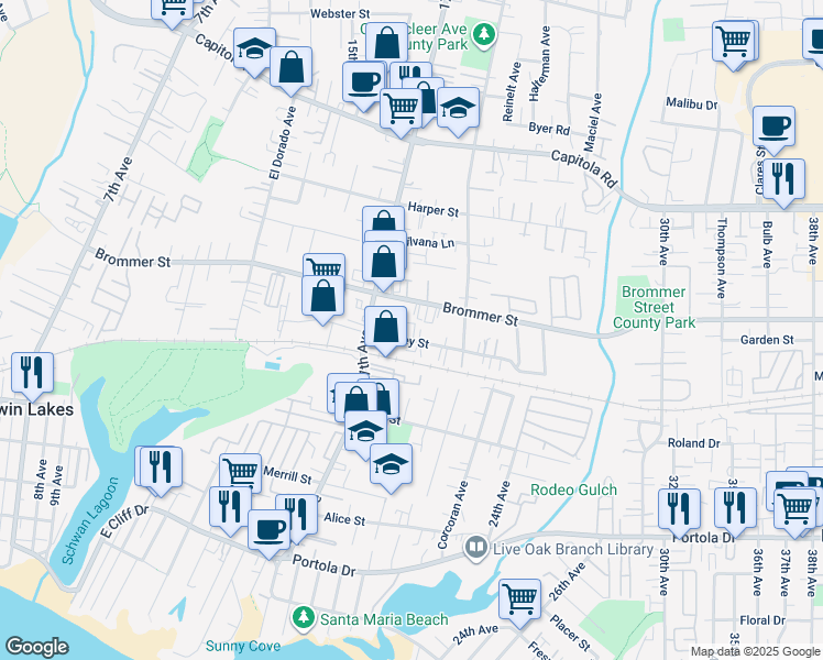 map of restaurants, bars, coffee shops, grocery stores, and more near 1901 Kinsley Street in Santa Cruz