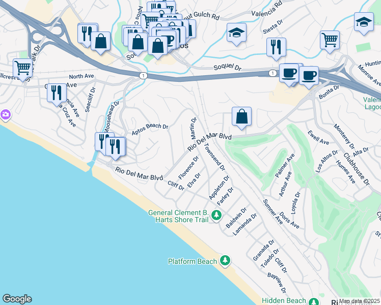 map of restaurants, bars, coffee shops, grocery stores, and more near 336 Rio Del Mar Boulevard in Aptos