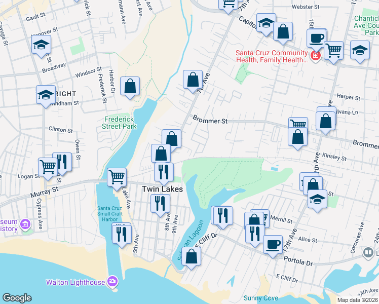 map of restaurants, bars, coffee shops, grocery stores, and more near 800 Brommer Street in Santa Cruz