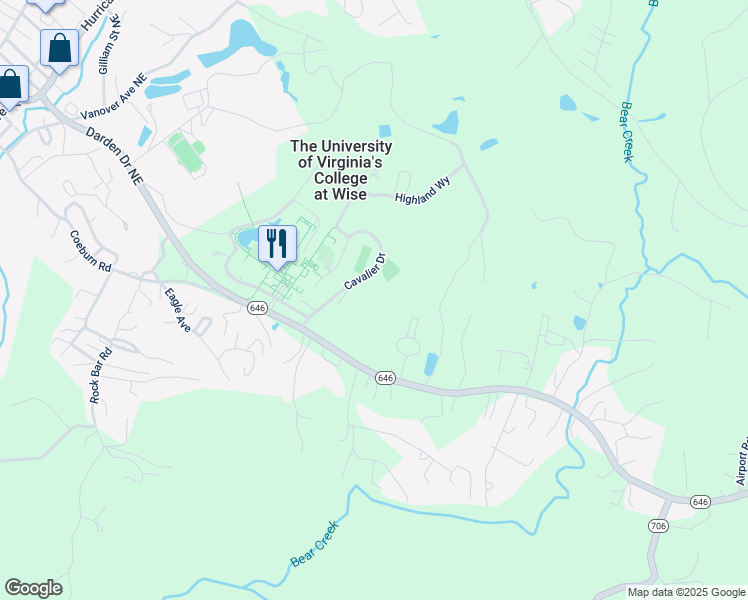 map of restaurants, bars, coffee shops, grocery stores, and more near Grear Circle in Wise