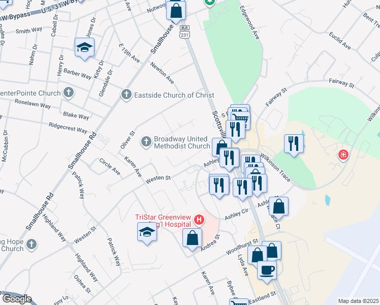 map of restaurants, bars, coffee shops, grocery stores, and more near Benson Avenue in Bowling Green