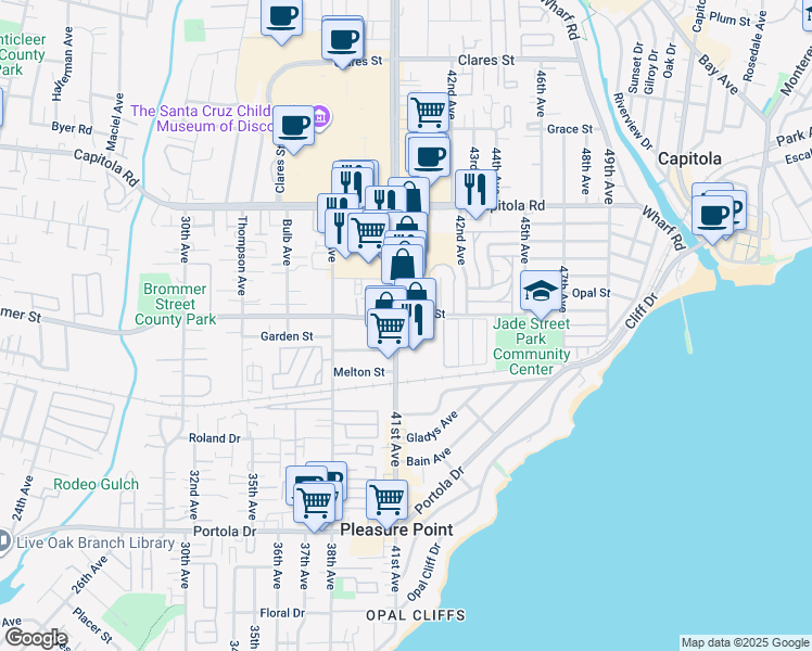 map of restaurants, bars, coffee shops, grocery stores, and more near 1355 41st Avenue in Capitola