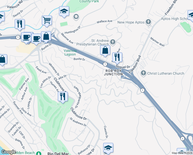 map of restaurants, bars, coffee shops, grocery stores, and more near 625 Encino Drive in Aptos