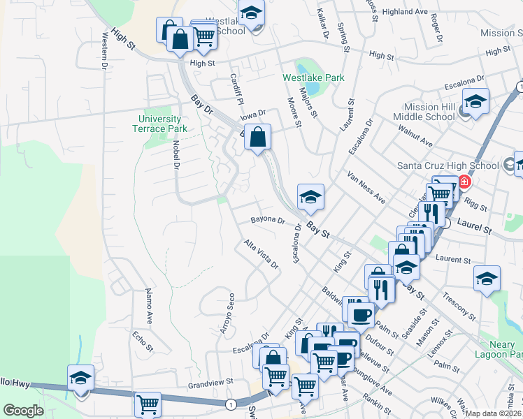map of restaurants, bars, coffee shops, grocery stores, and more near 100 Overlook Drive in Santa Cruz