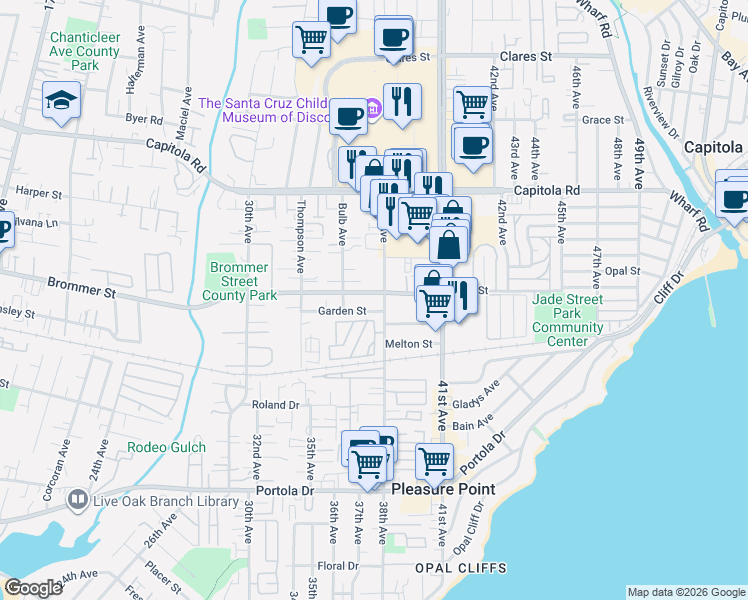 map of restaurants, bars, coffee shops, grocery stores, and more near 1371 38th Avenue in Santa Cruz
