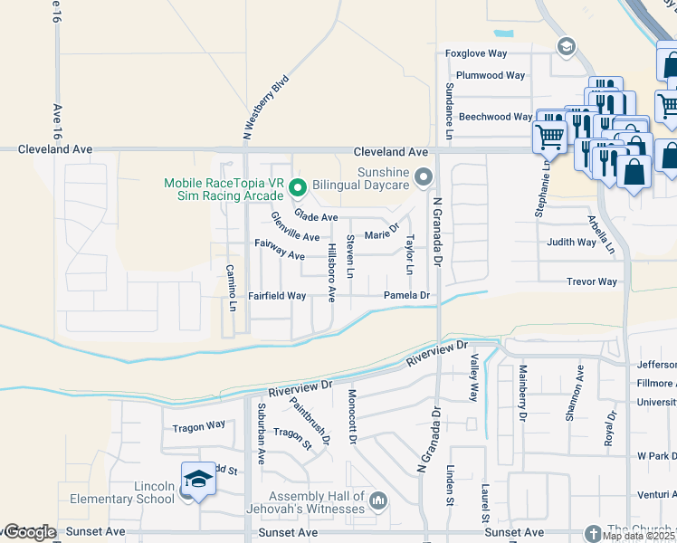 map of restaurants, bars, coffee shops, grocery stores, and more near 2996 Fairway Avenue in Madera
