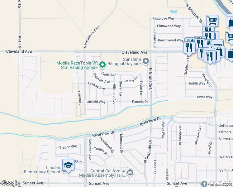 map of restaurants, bars, coffee shops, grocery stores, and more near 2996 Fairway Avenue in Madera