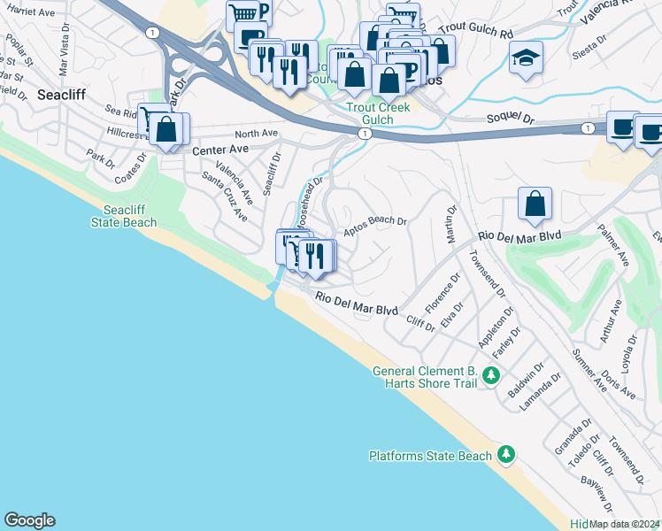 map of restaurants, bars, coffee shops, grocery stores, and more near 140 Bennett Road in Aptos