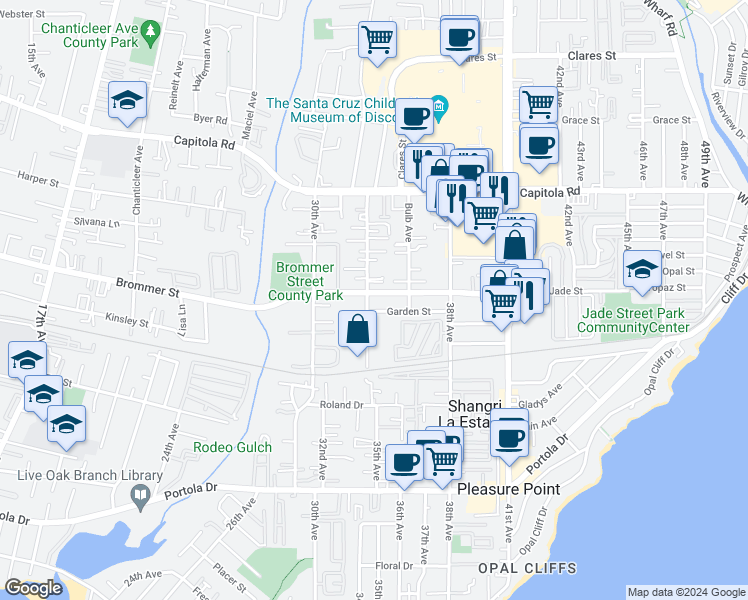 map of restaurants, bars, coffee shops, grocery stores, and more near 3300 Margie's Way in Santa Cruz
