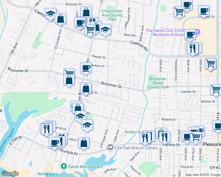 map of restaurants, bars, coffee shops, grocery stores, and more near 2255 Brommer Street in Santa Cruz