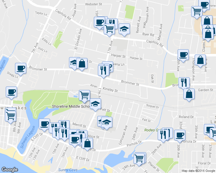 map of restaurants, bars, coffee shops, grocery stores, and more near 1900 Brommer Street in Santa Cruz