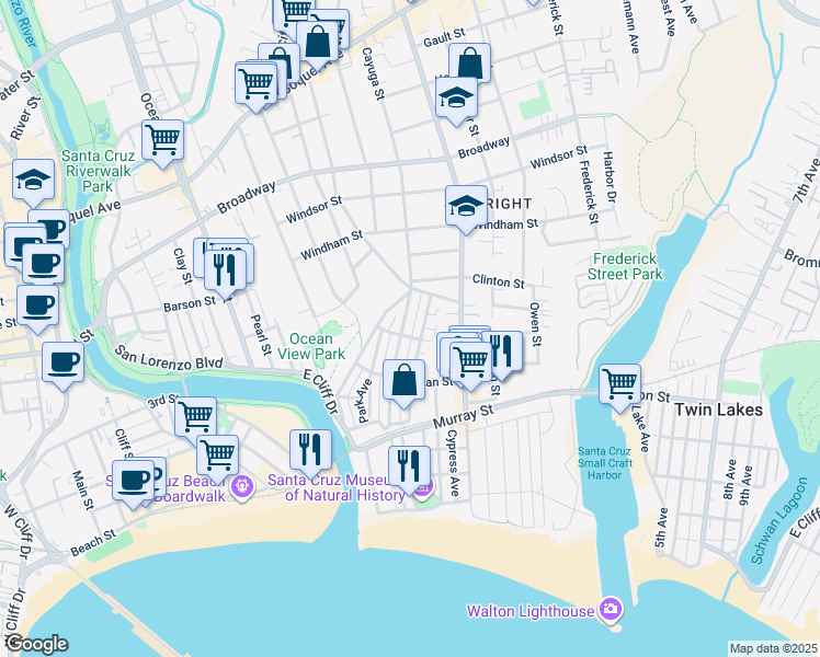 map of restaurants, bars, coffee shops, grocery stores, and more near 322 Cayuga Street in Santa Cruz