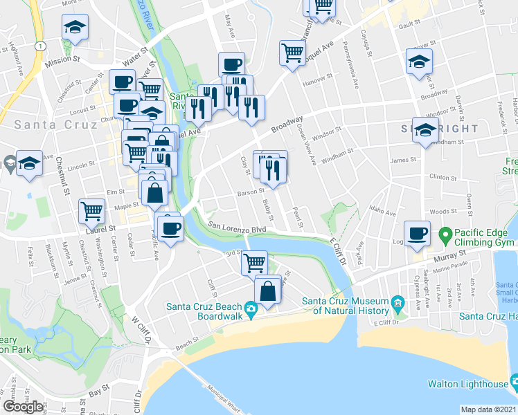 map of restaurants, bars, coffee shops, grocery stores, and more near 152 Bixby Street in Santa Cruz