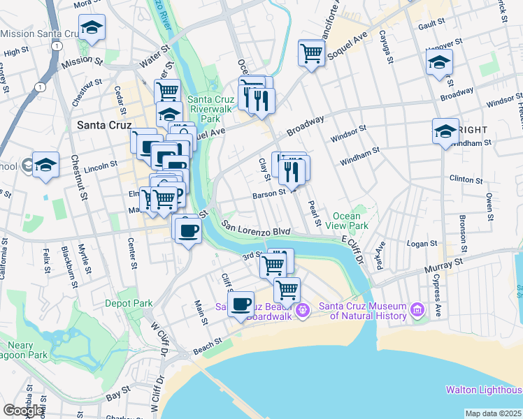 map of restaurants, bars, coffee shops, grocery stores, and more near 145 Canfield Avenue in Santa Cruz