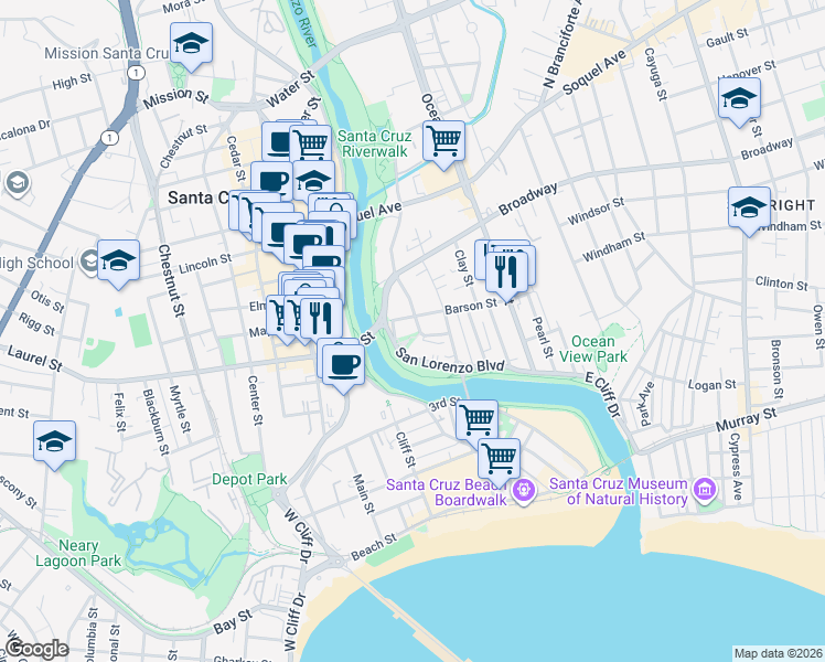 map of restaurants, bars, coffee shops, grocery stores, and more near 6 Barson Street in Santa Cruz