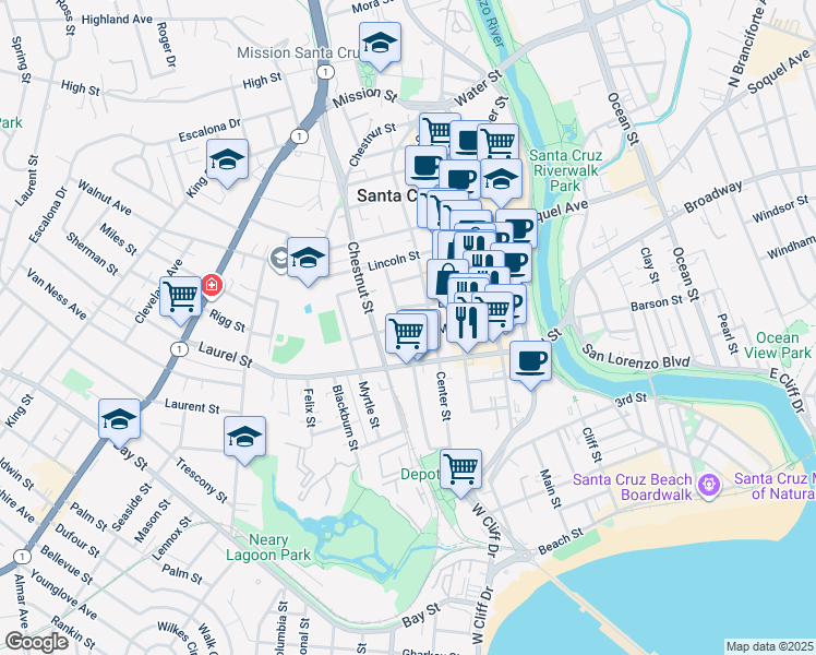 map of restaurants, bars, coffee shops, grocery stores, and more near 307 Elm Street in Santa Cruz