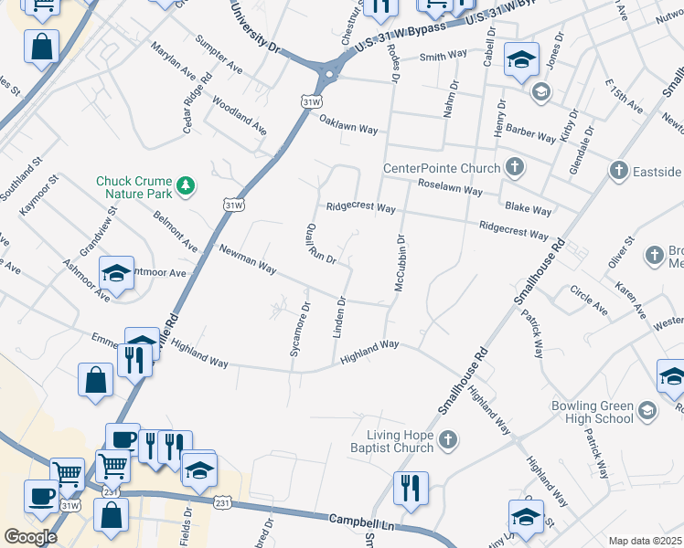 map of restaurants, bars, coffee shops, grocery stores, and more near Linden Drive in Bowling Green