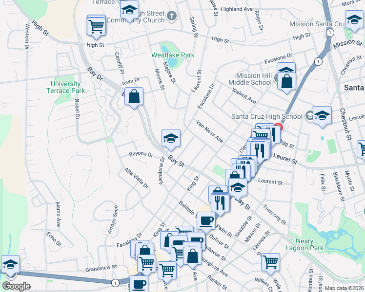 map of restaurants, bars, coffee shops, grocery stores, and more near 1023 Escalona Drive in Santa Cruz