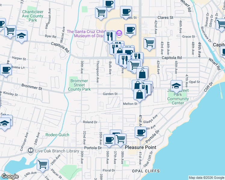 map of restaurants, bars, coffee shops, grocery stores, and more near 1351 Bulb Avenue in Santa Cruz