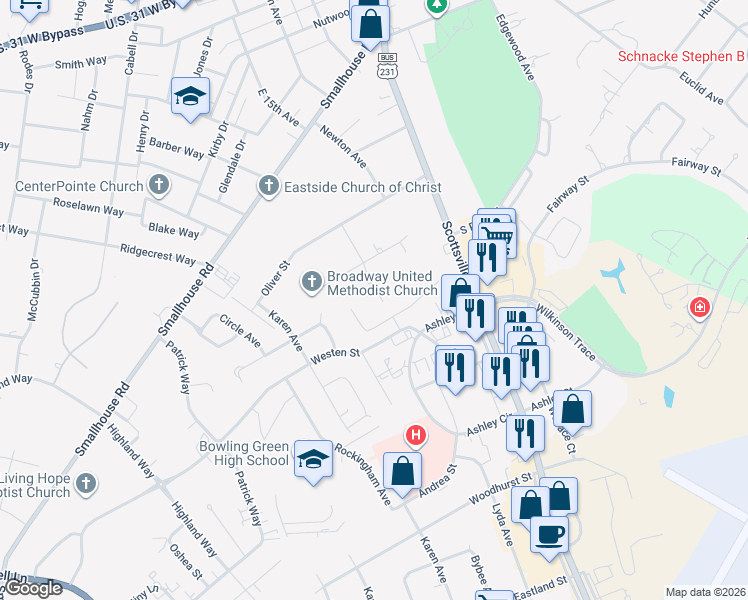 map of restaurants, bars, coffee shops, grocery stores, and more near 1607 Benson Avenue in Bowling Green