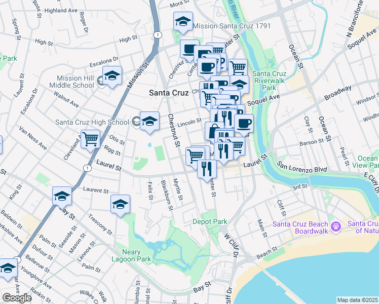map of restaurants, bars, coffee shops, grocery stores, and more near 511 Washington Street in Santa Cruz