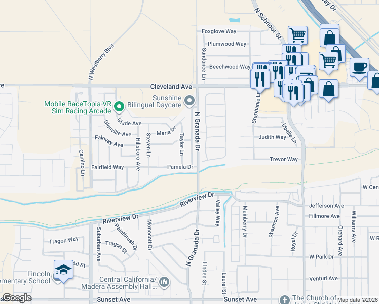 map of restaurants, bars, coffee shops, grocery stores, and more near 1468 Deborah Lane in Madera