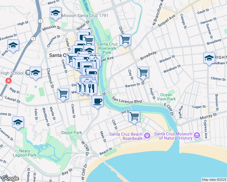 map of restaurants, bars, coffee shops, grocery stores, and more near 111 Barson Street in Santa Cruz