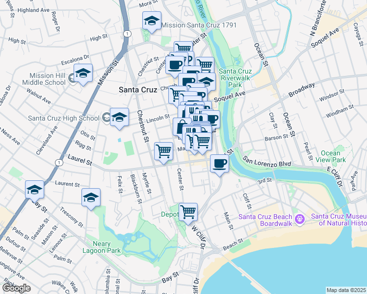 map of restaurants, bars, coffee shops, grocery stores, and more near 418A Cedar Street in Santa Cruz