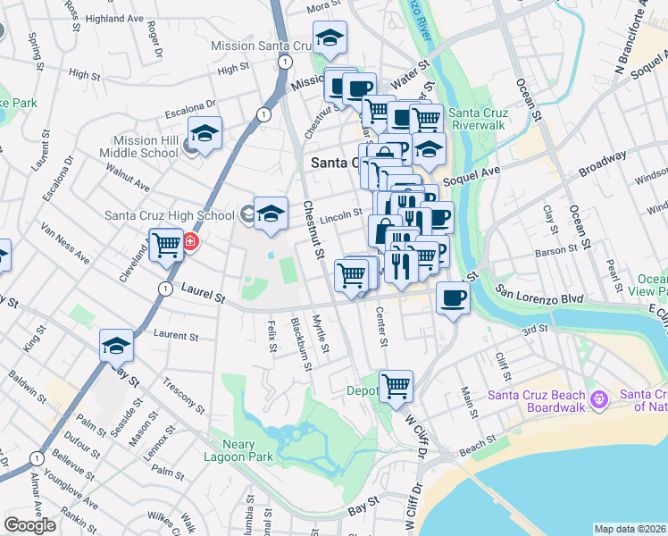 map of restaurants, bars, coffee shops, grocery stores, and more near 314 Chestnut Street in Santa Cruz