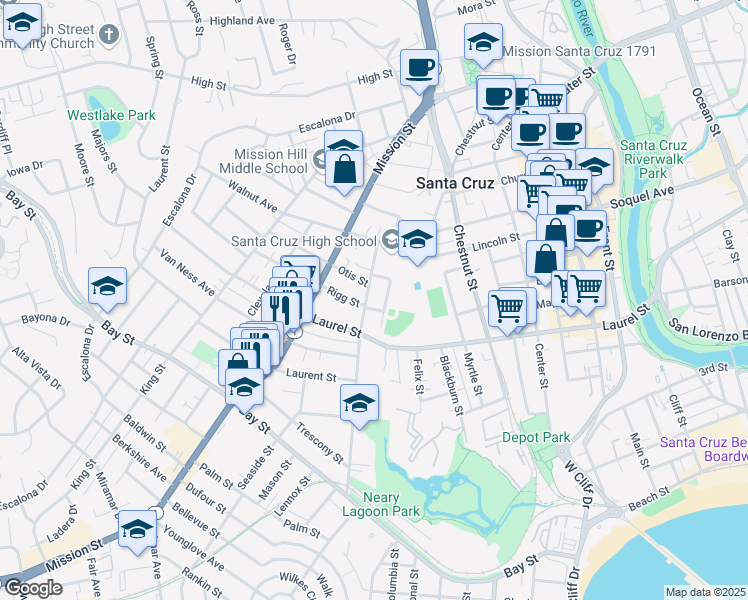 map of restaurants, bars, coffee shops, grocery stores, and more near 225 Weeks Avenue in Santa Cruz