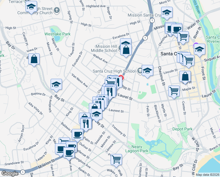 map of restaurants, bars, coffee shops, grocery stores, and more near 319 Cleveland Avenue in Santa Cruz