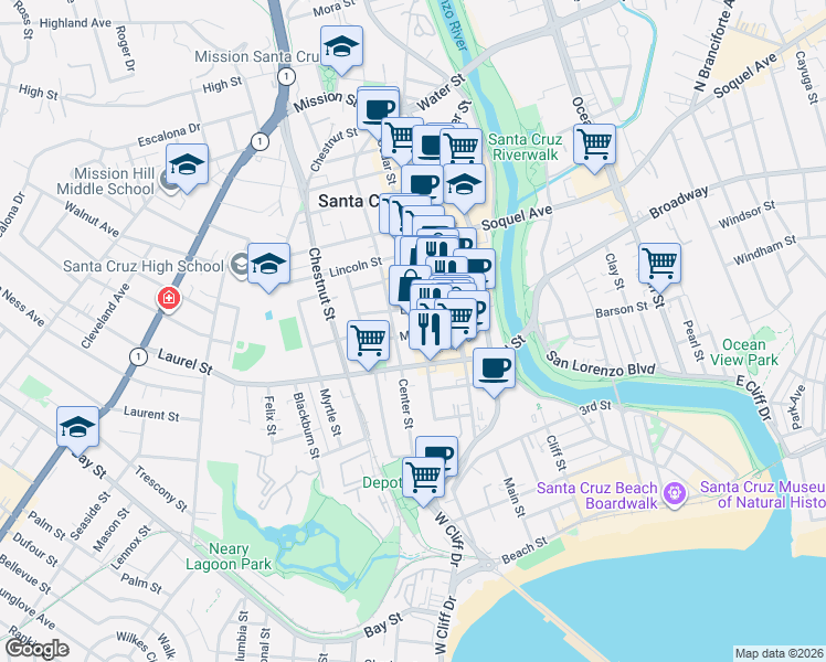 map of restaurants, bars, coffee shops, grocery stores, and more near 418A Cedar Street in Santa Cruz